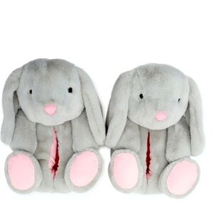 Gray and Pink Plush Bunny Slippers